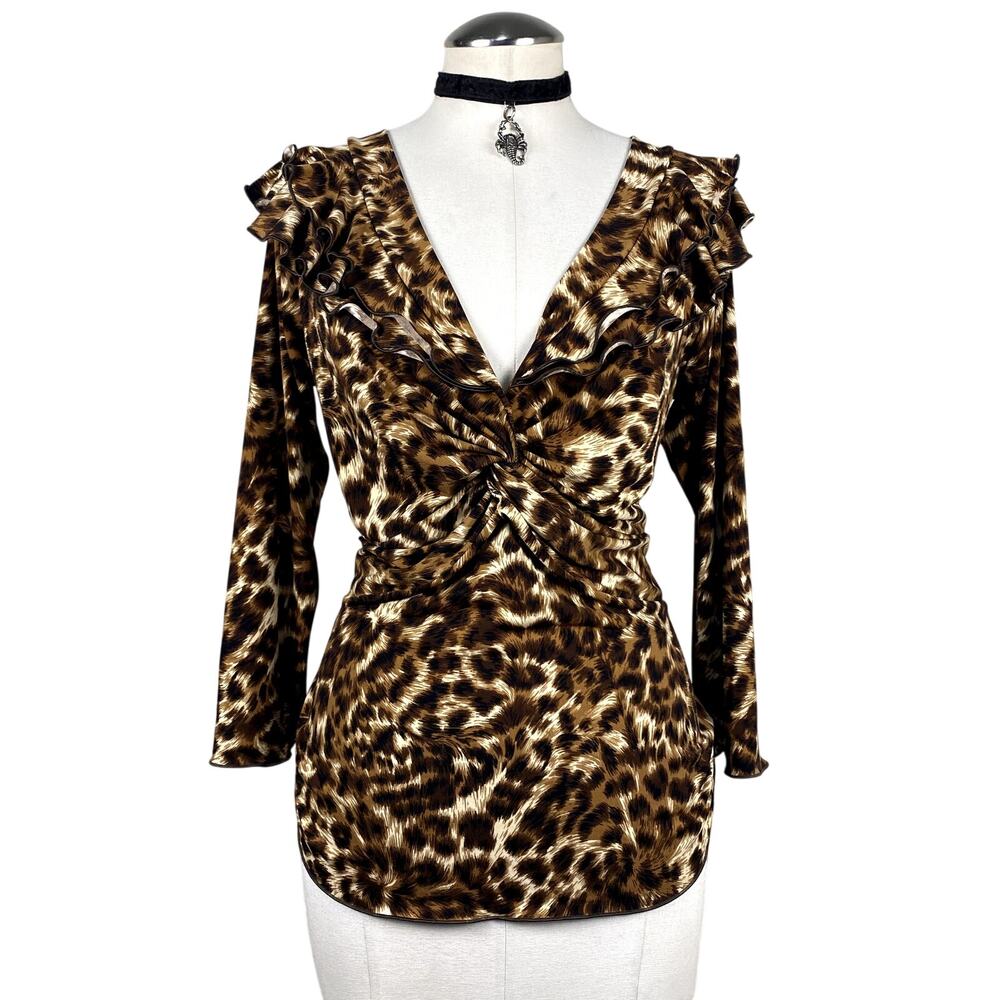 Susan Lawrence Vtg Y2k Leopard Print Ruched Ruffle Office Siren Grunge Blouse L